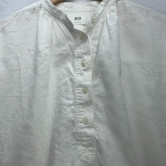 Uniqlo Linen Short Sleeve Button Up Blouse White GUC Women Size Small Hi Low Top - Picture 4 of 9